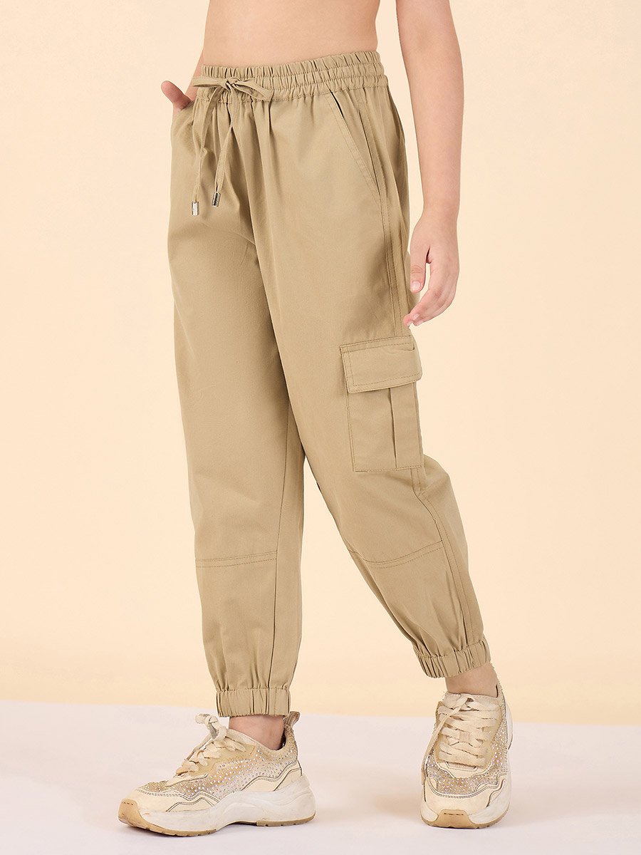 Girls Beige Cotton Regular Cargo Pants