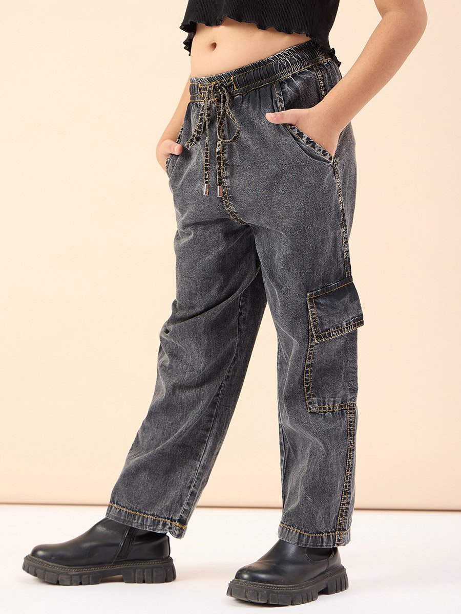 Girls Black Cotton Cargo Pants