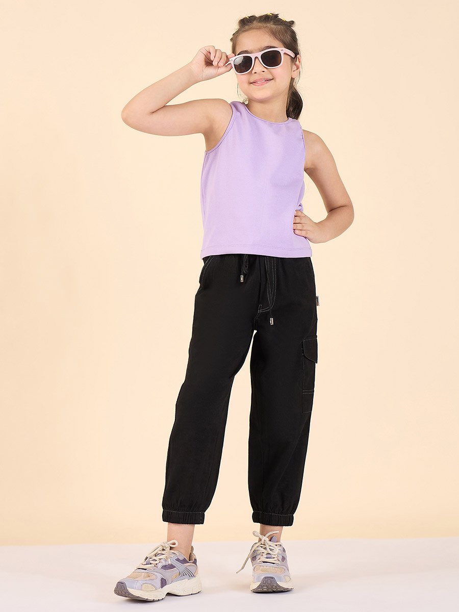 Girls Black Cotton Cargo Pants