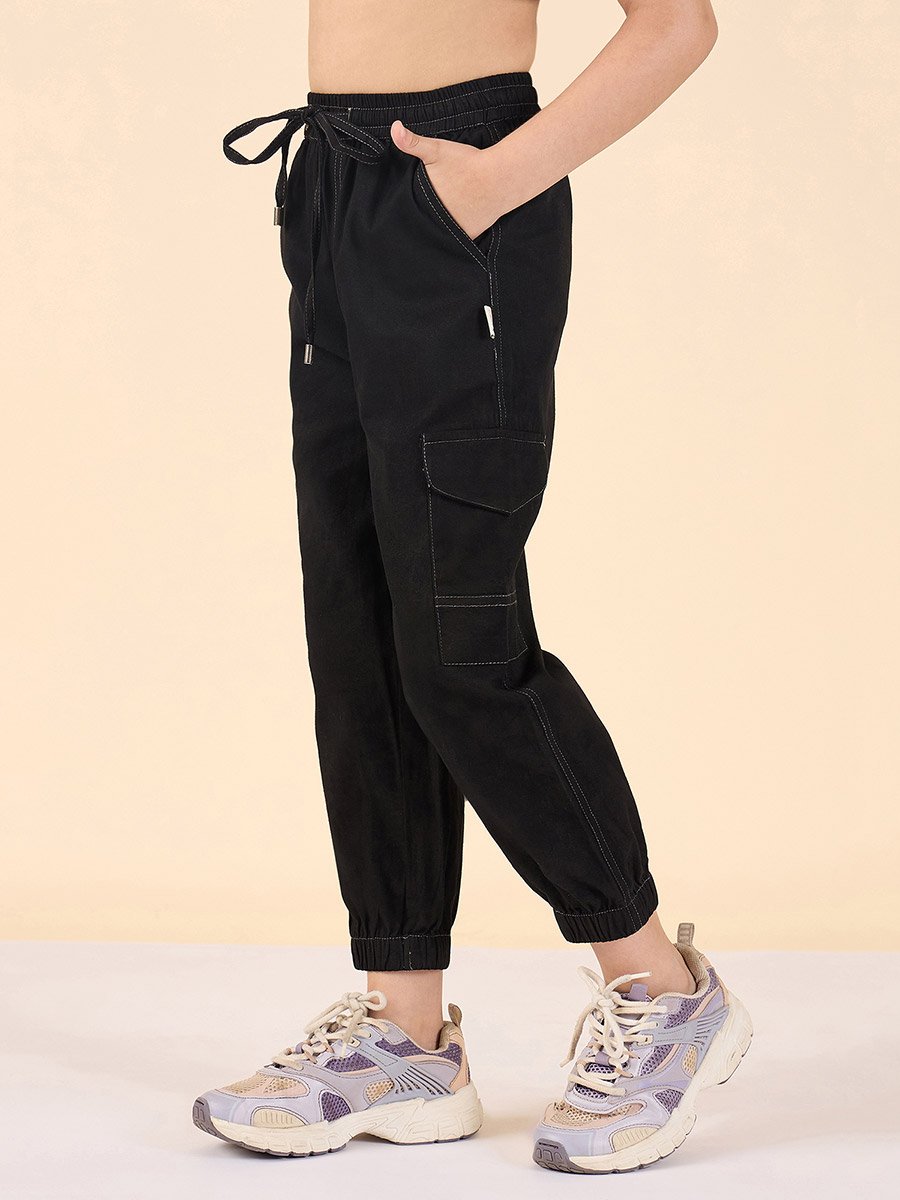 Girls Black Cotton Cargo Pants