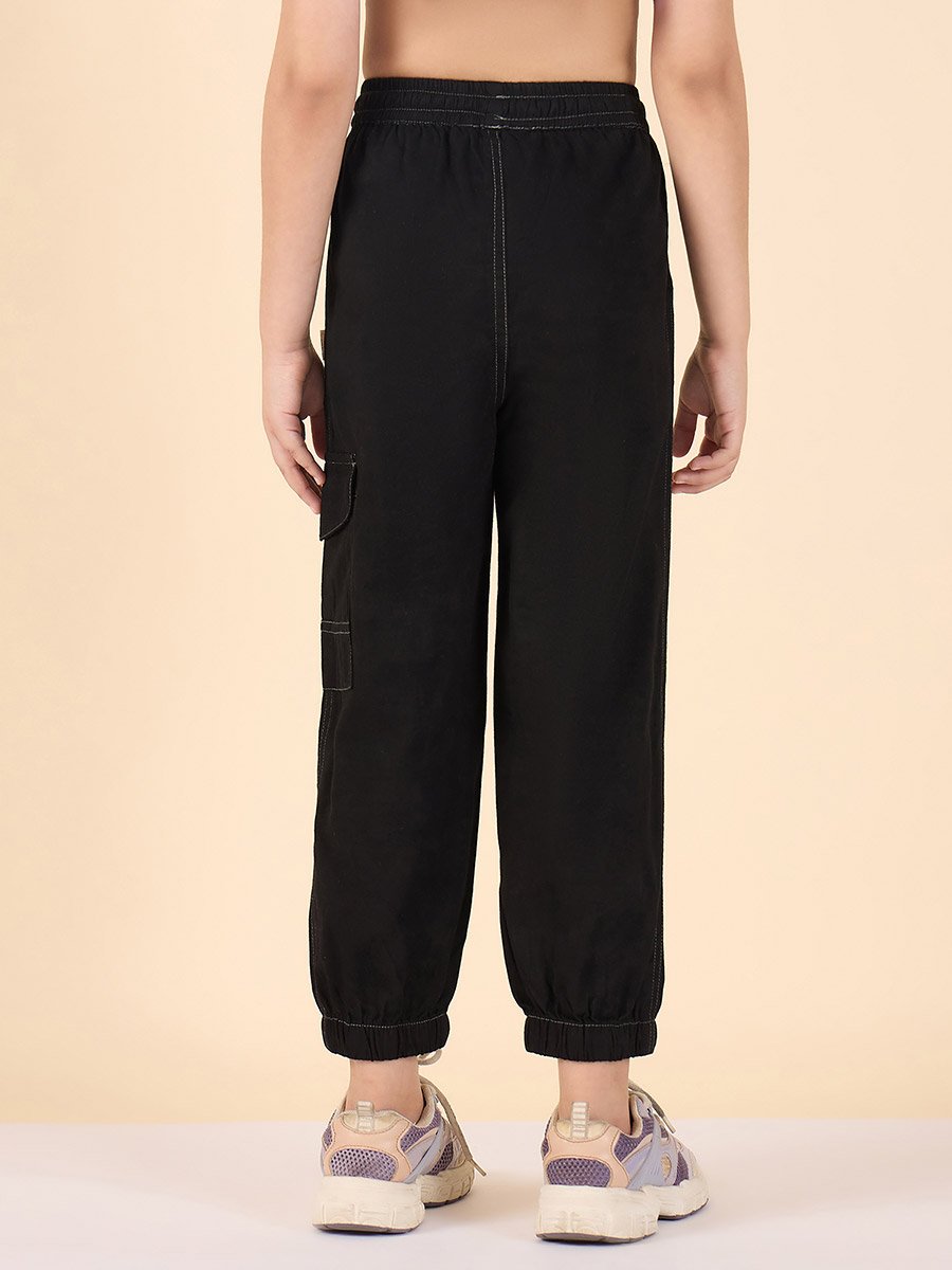 Girls Black Cotton Cargo Pants