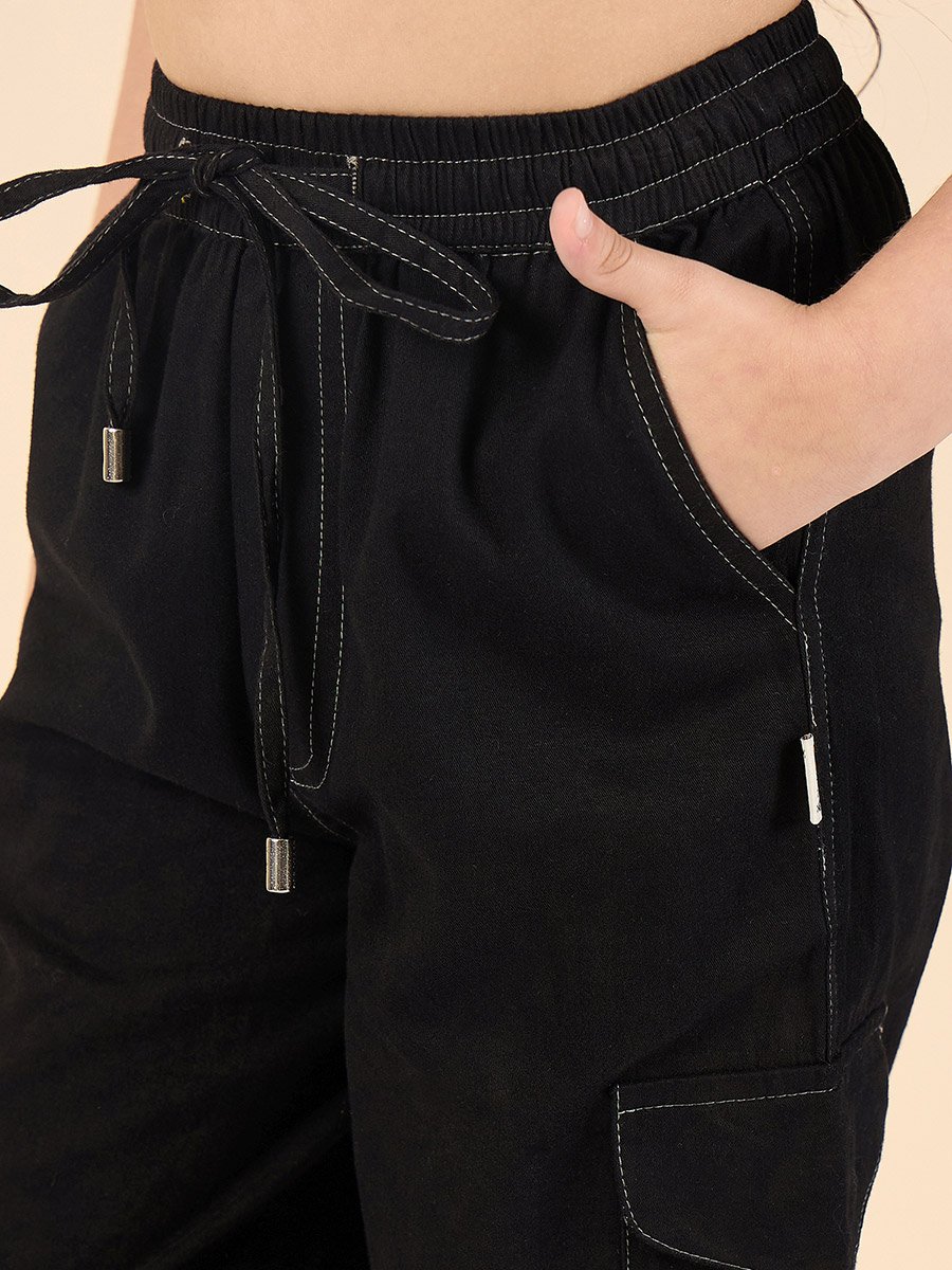 Girls Black Cotton Cargo Pants