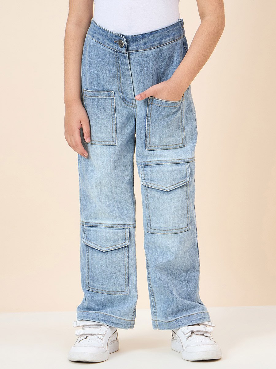 Girls Blue Denim Cargo Jeans