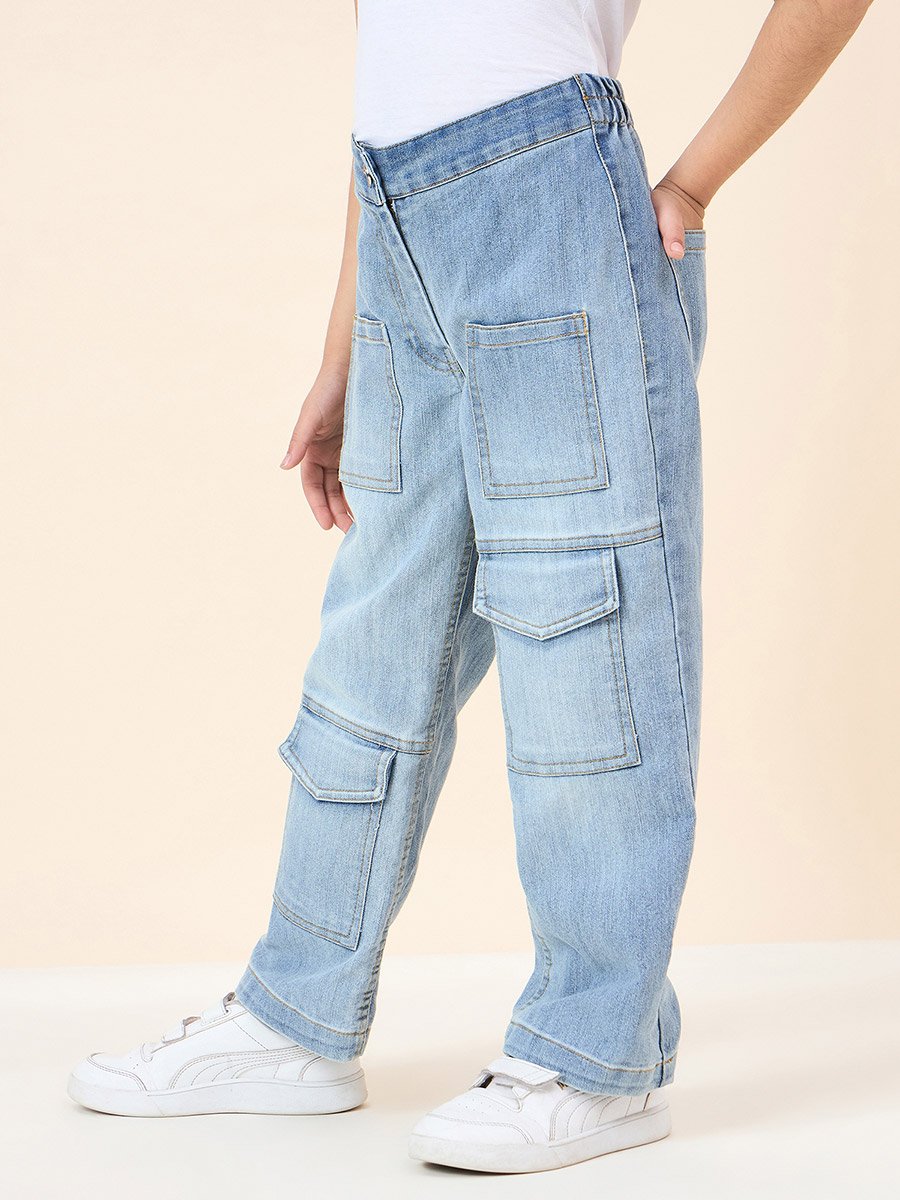 Girls Blue Denim Cargo Jeans