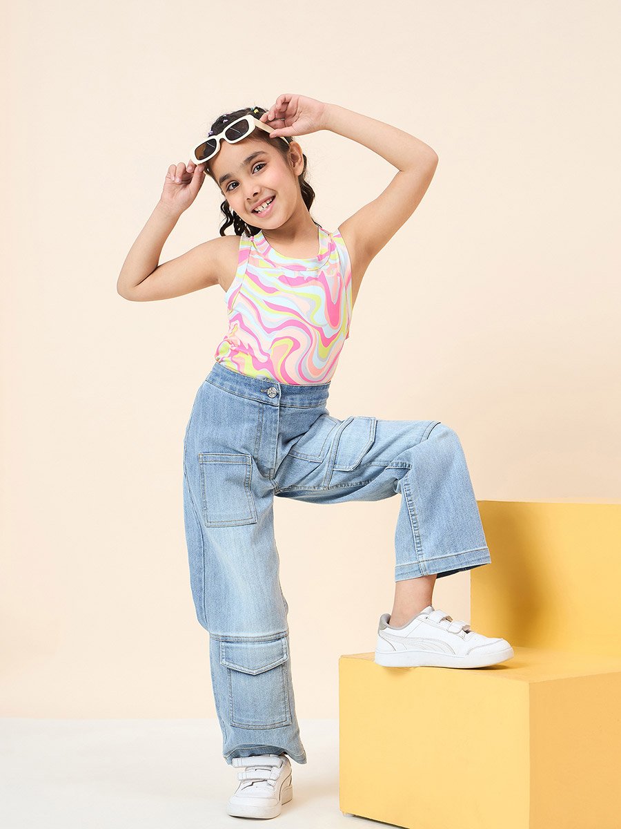 Girls Blue Denim Cargo Jeans