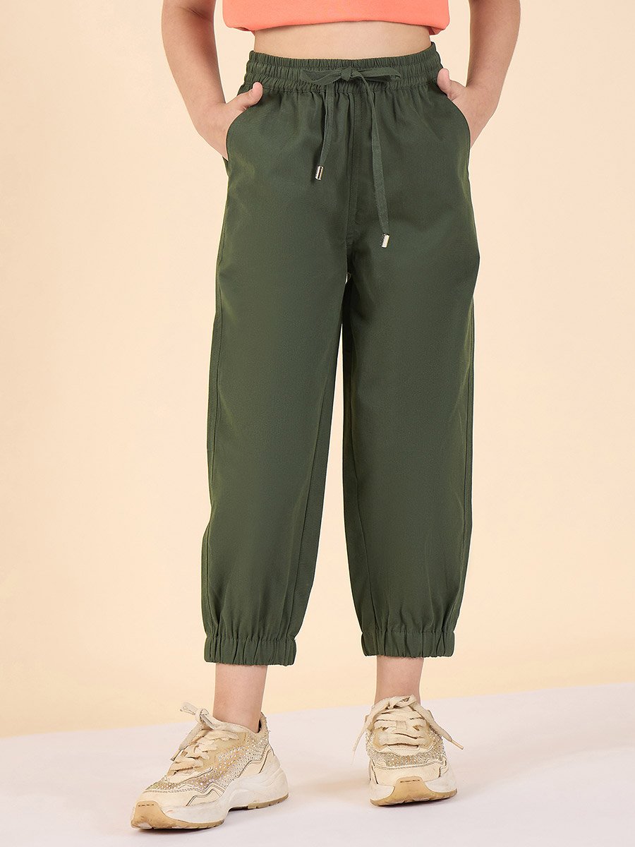 Girls Green Cotton Regular Cargo Pants