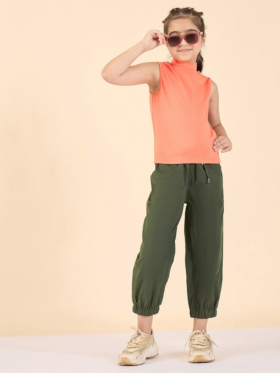 Girls Green Cotton Regular Cargo Pants
