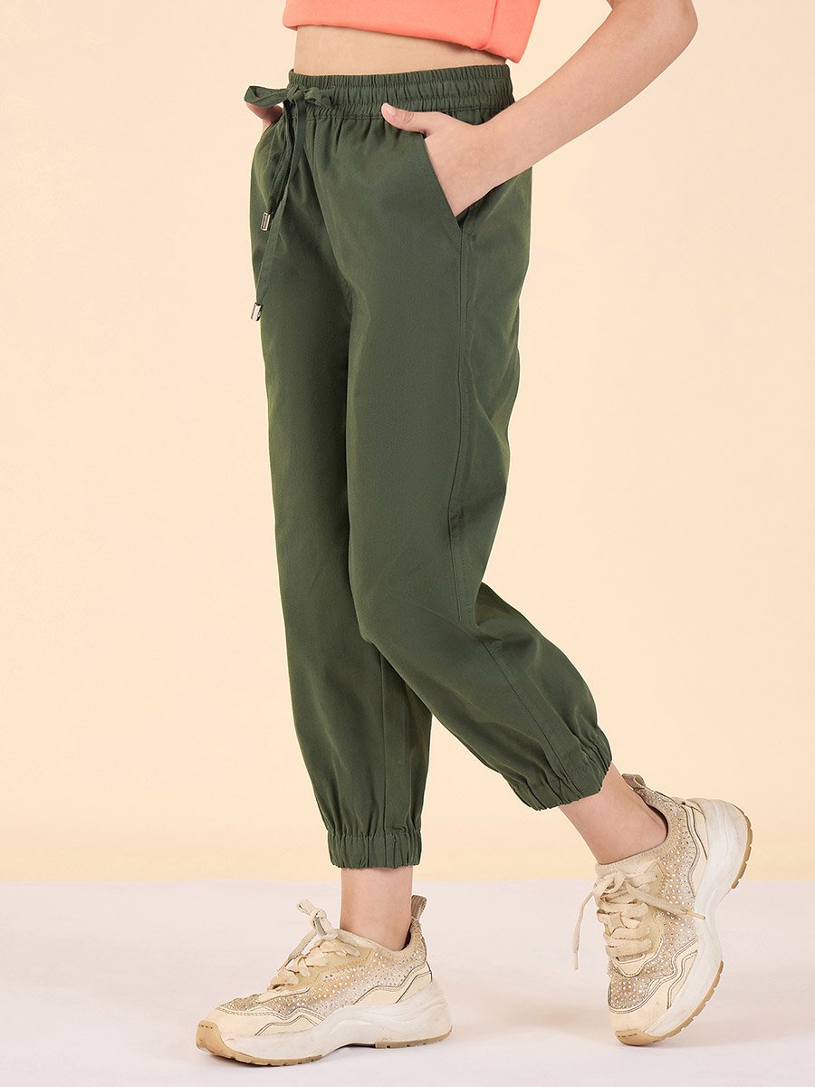 Girls Green Cotton Regular Cargo Pants