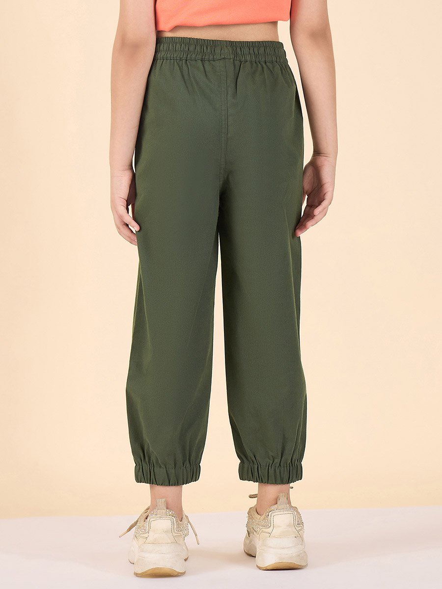 Girls Green Cotton Regular Cargo Pants