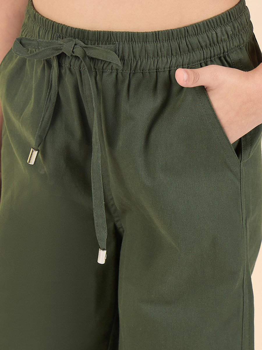 Girls Green Cotton Regular Cargo Pants