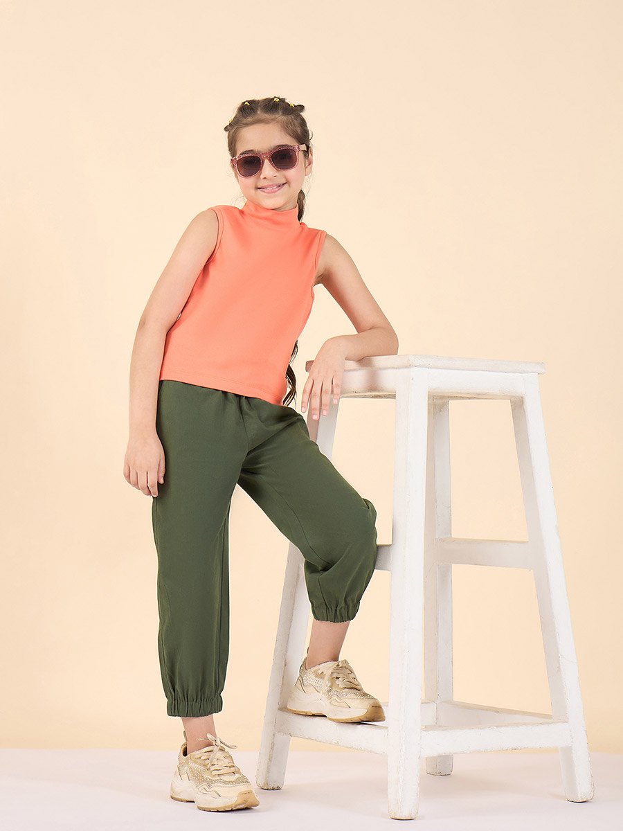 Girls Green Cotton Regular Cargo Pants