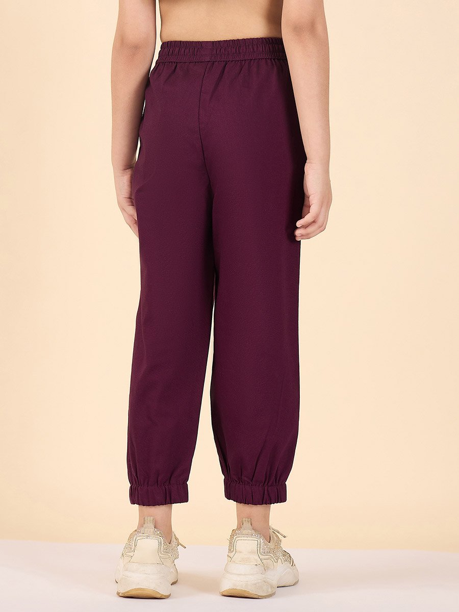 Girls Maroon Cotton Joggers with Drawstring
