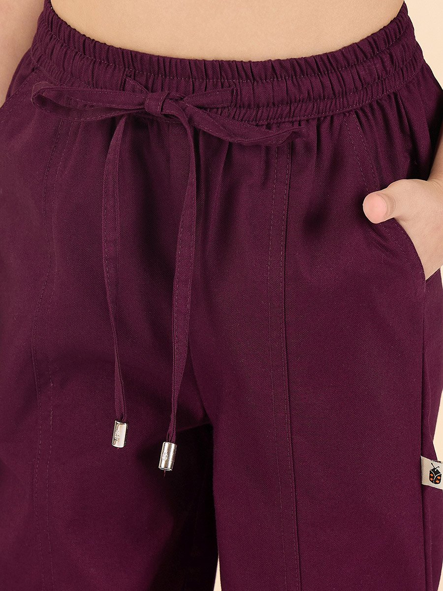Girls Maroon Cotton Joggers with Drawstring