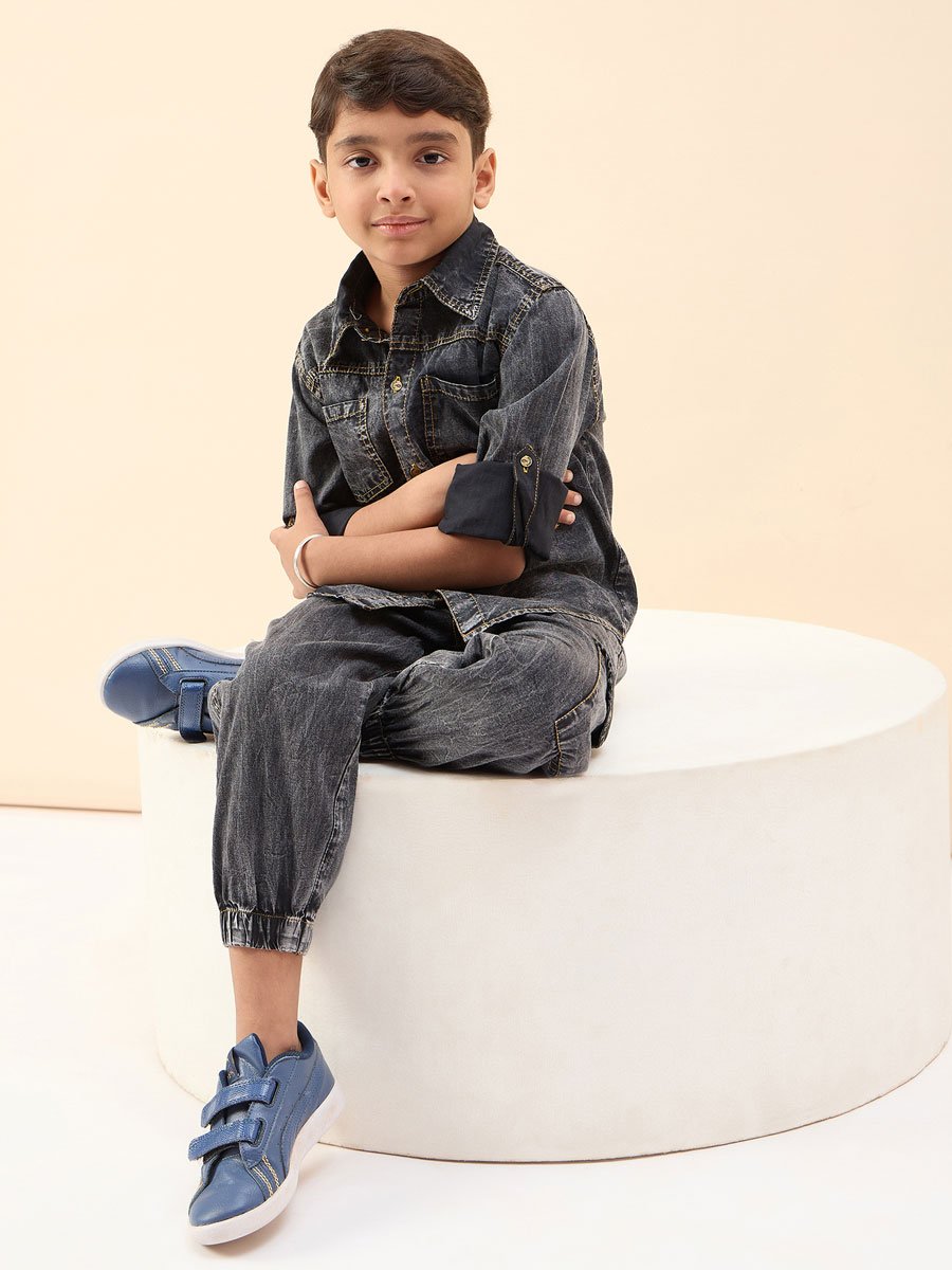 Boys Black Acid Wash Cotton Cargo Pants