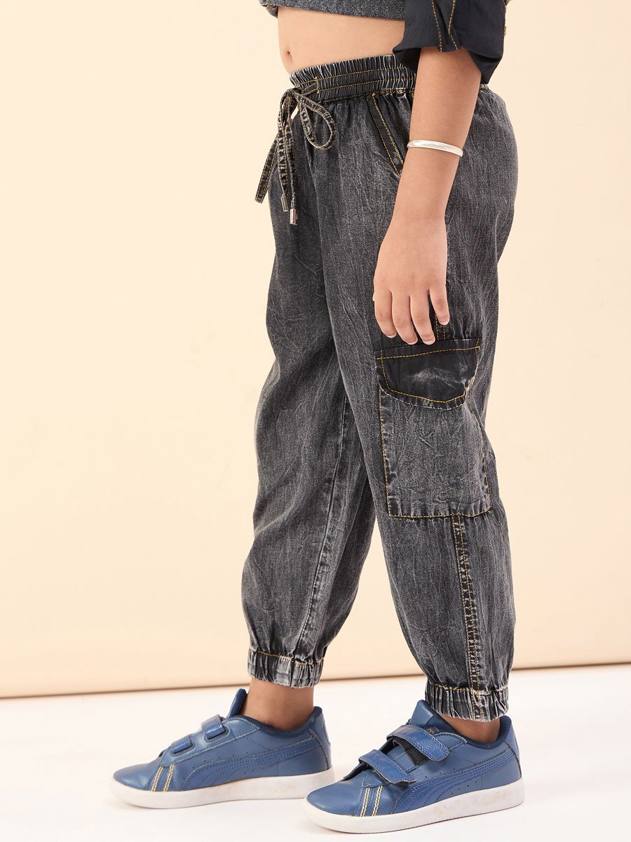 Boys Black Acid Wash Cotton Cargo Pants