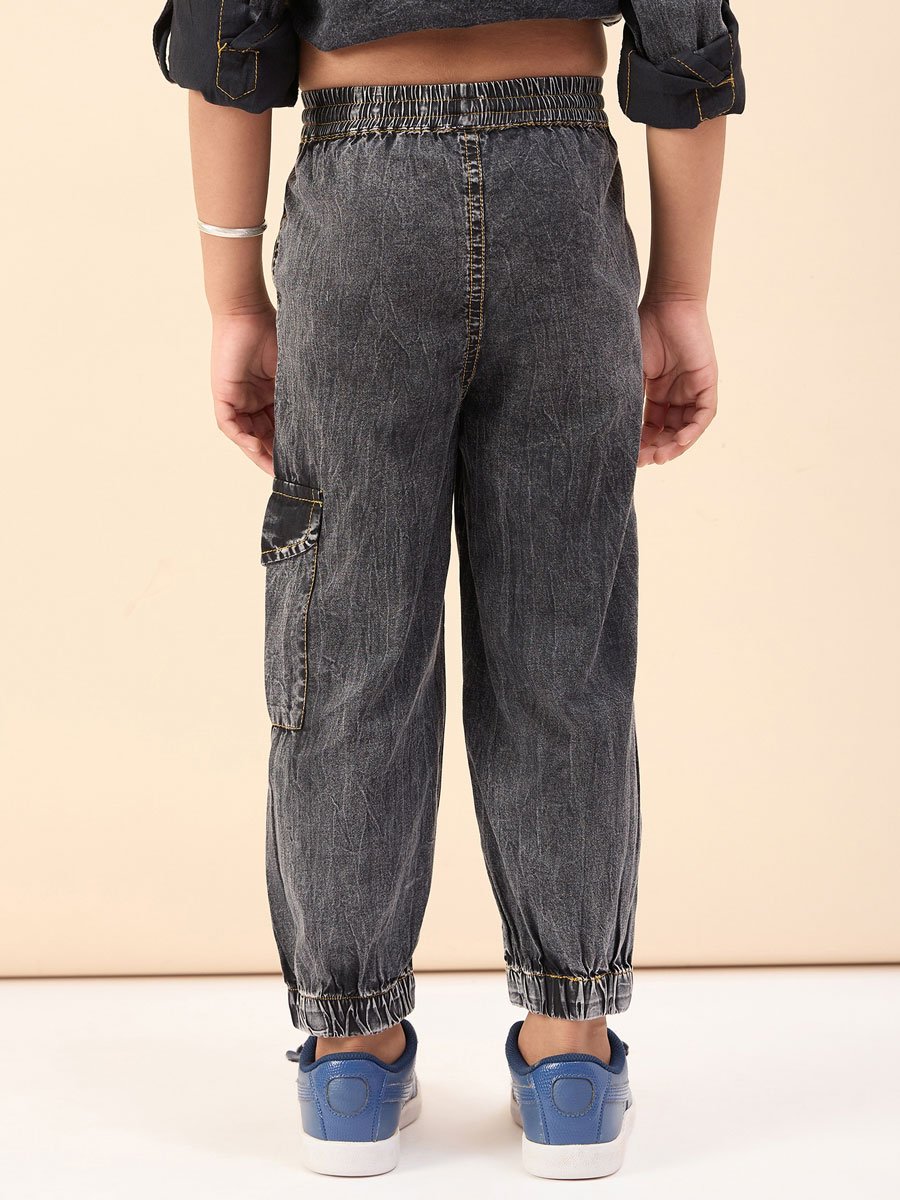Boys Black Acid Wash Cotton Cargo Pants