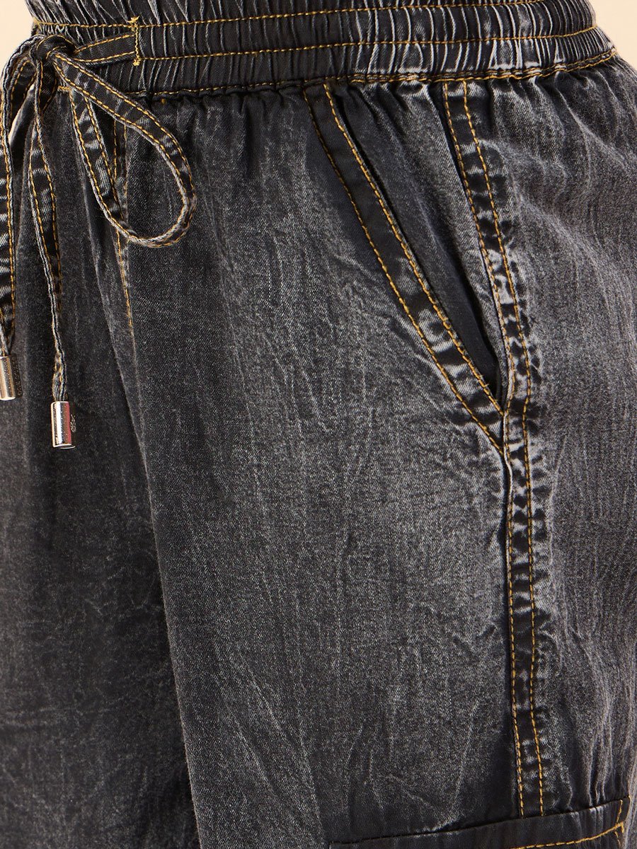 Boys Black Acid Wash Cotton Cargo Pants