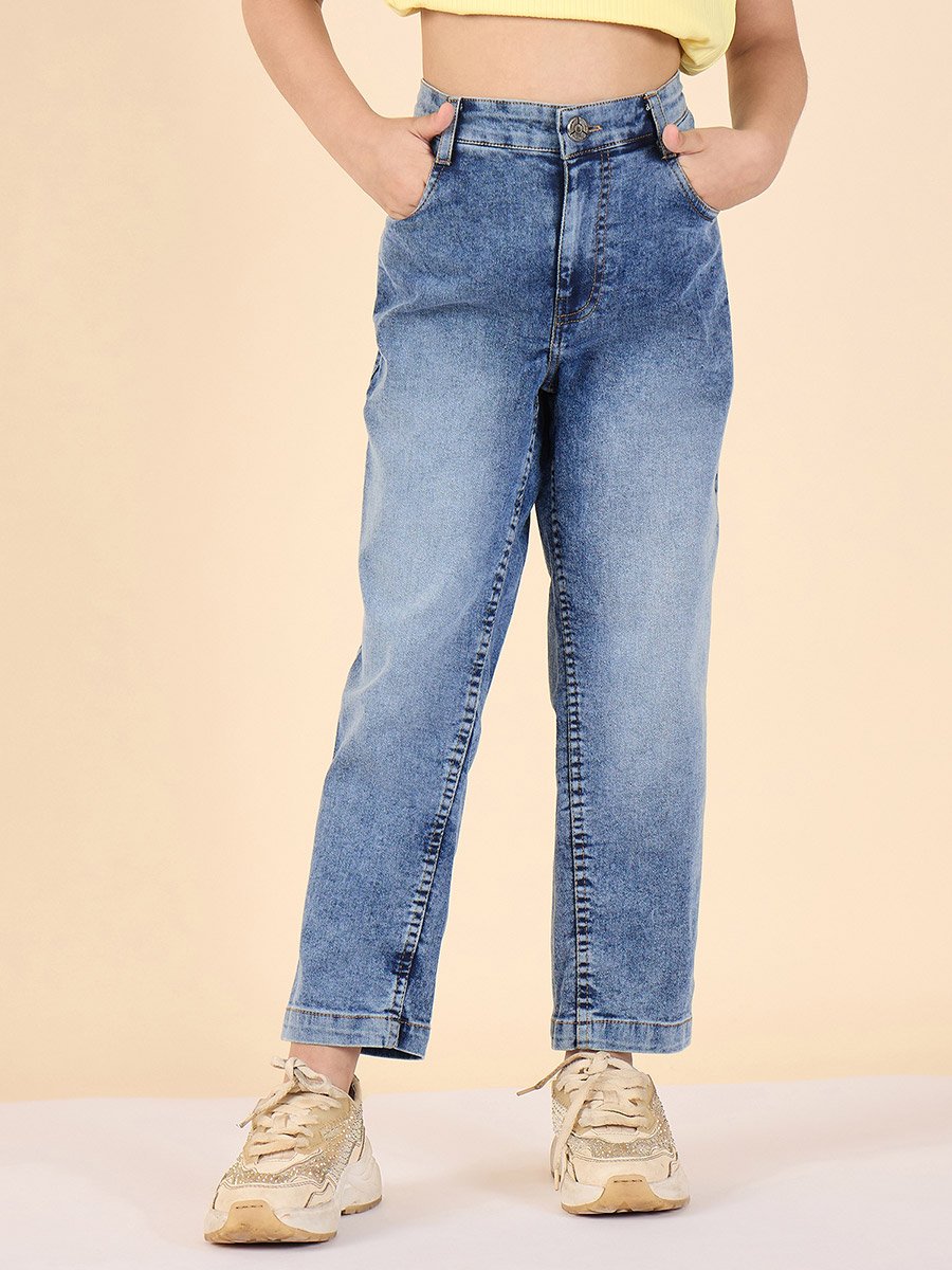 Girls Blue Acid Wash Faded Jeans