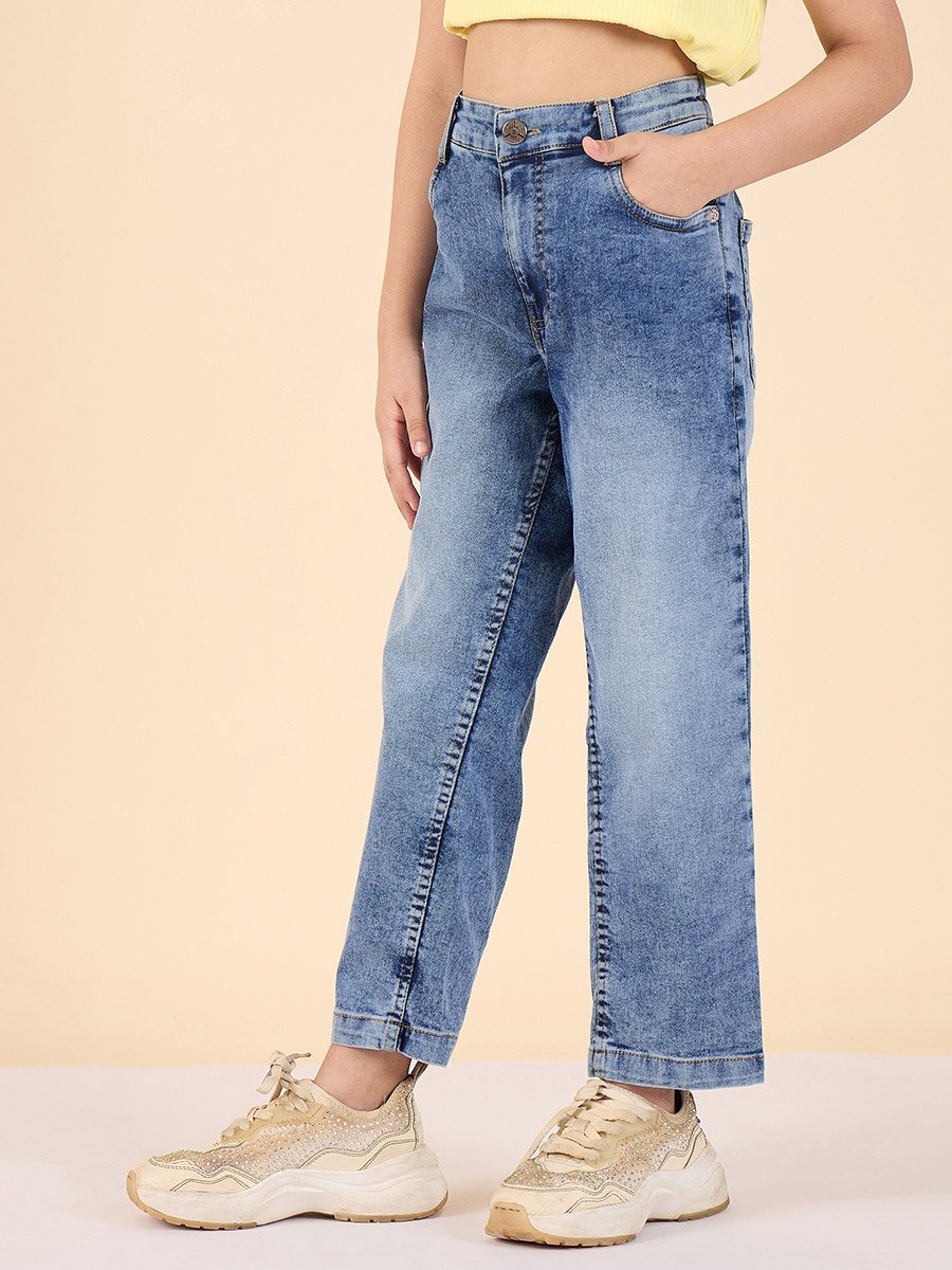 Girls Blue Acid Wash Faded Jeans