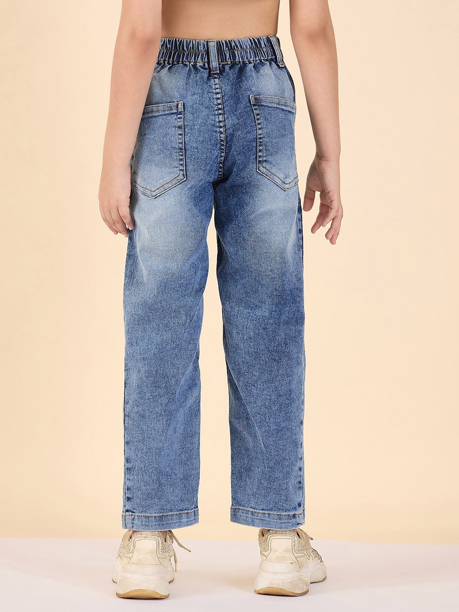 Girls Blue Acid Wash Faded Jeans