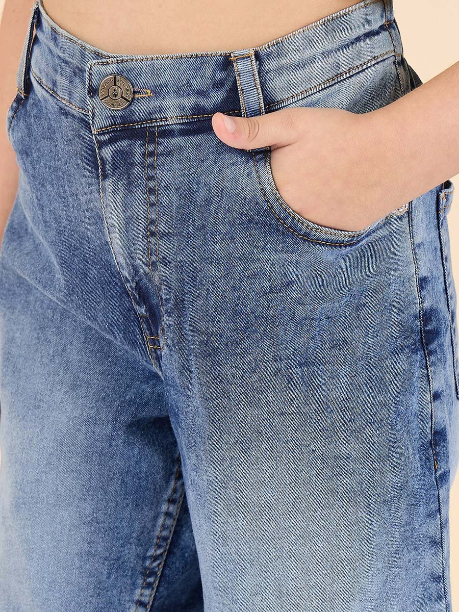 Girls Blue Acid Wash Faded Jeans
