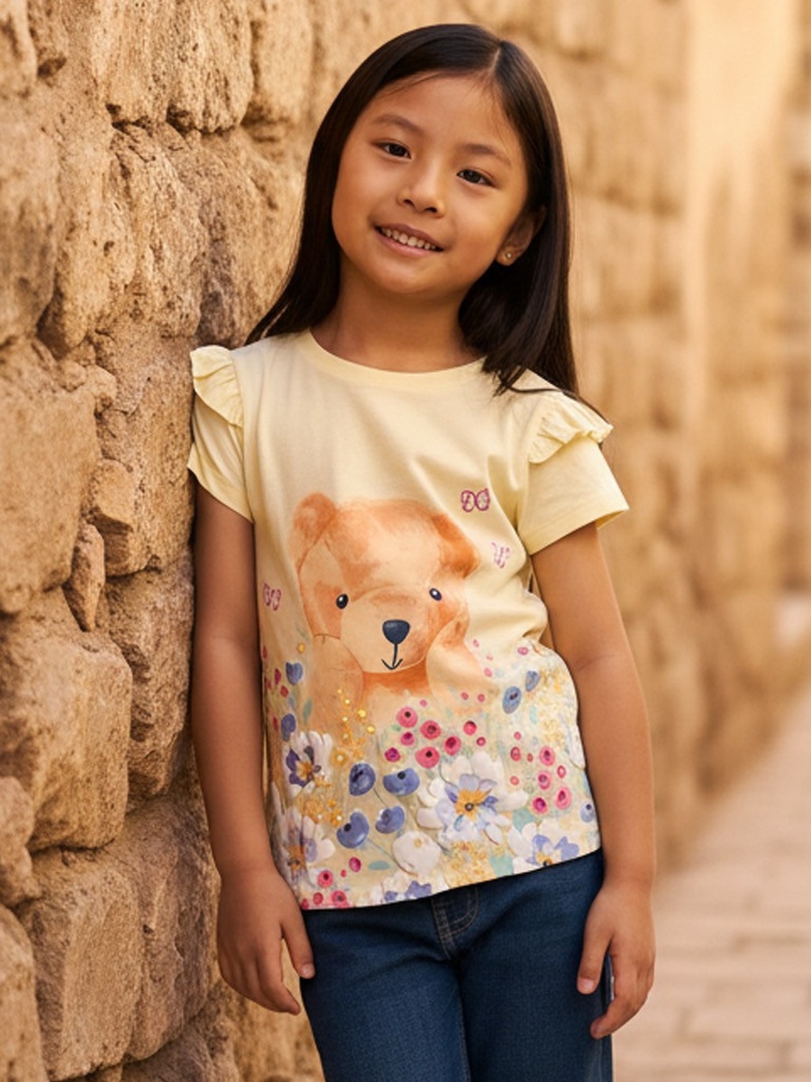 Bear Print Cotton T-Shirt with Ruffles