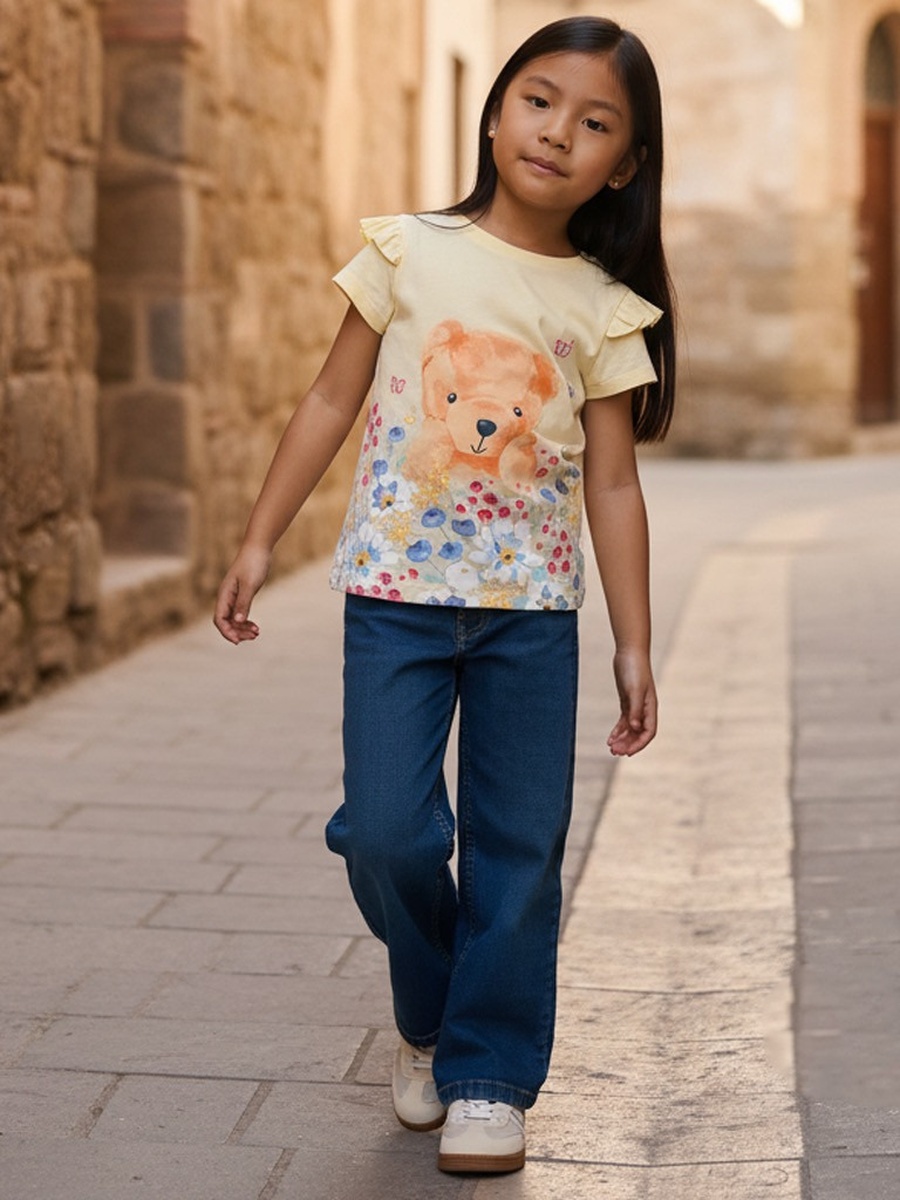 Bear Print Cotton T-Shirt with Ruffles