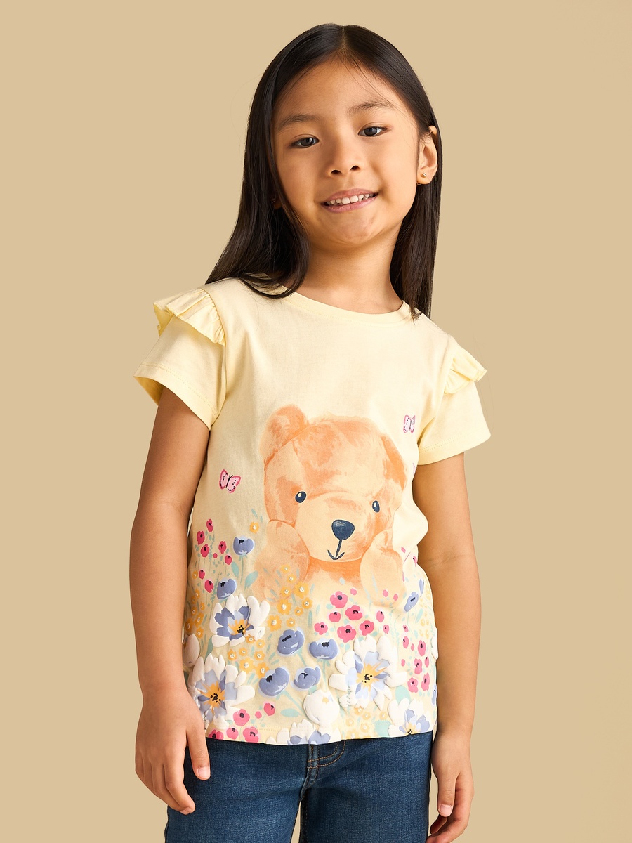 Bear Print Cotton T-Shirt with Ruffles