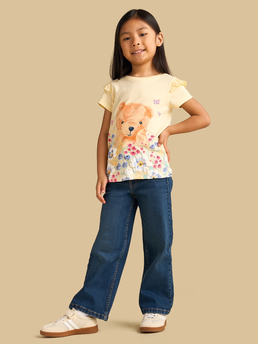 Bear Print Cotton T-Shirt with Ruffles