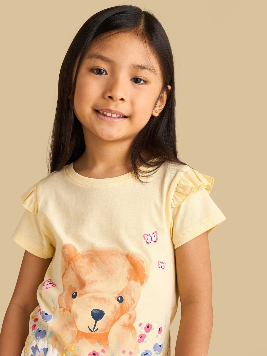 Bear Print Cotton T-Shirt with Ruffles