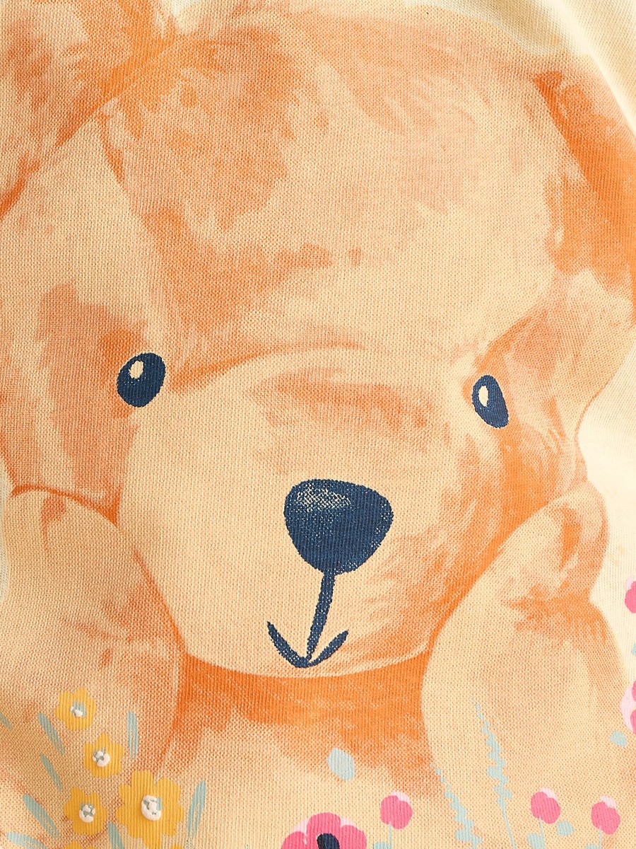 Bear Print Cotton T-Shirt with Ruffles