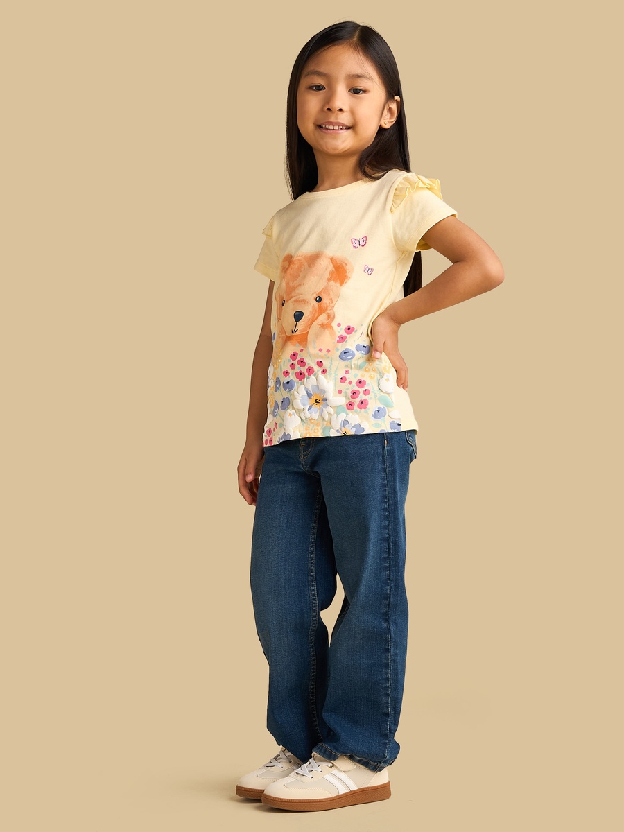 Bear Print Cotton T-Shirt with Ruffles