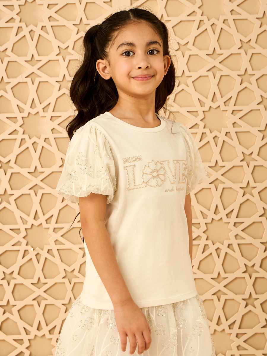 Slogan Embroidered Balloon Sleeves Cotton T-Shirt