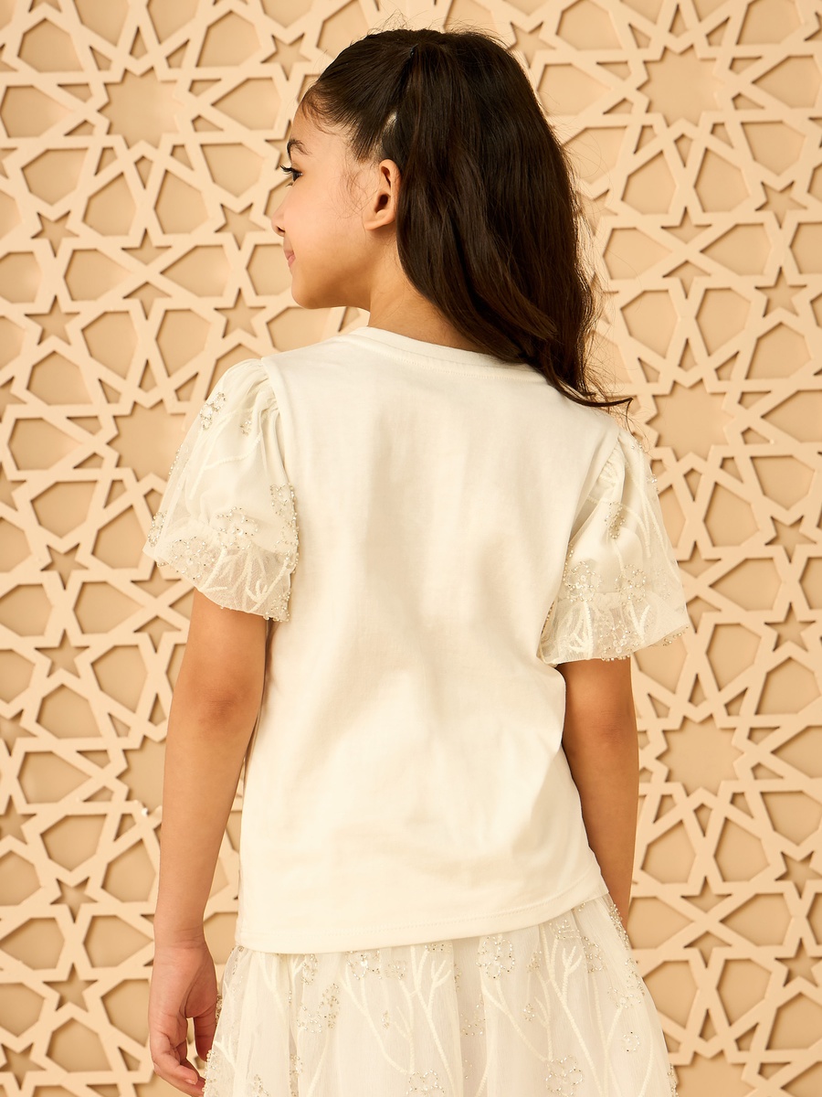 Slogan Embroidered Balloon Sleeves Cotton T-Shirt