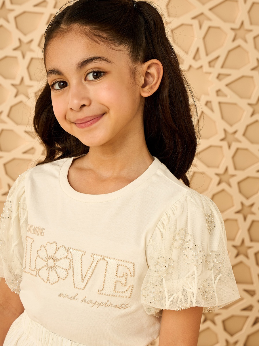 Slogan Embroidered Balloon Sleeves Cotton T-Shirt