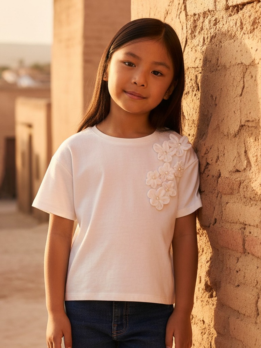 Floral Accent Cotton Corsage T-Shirt