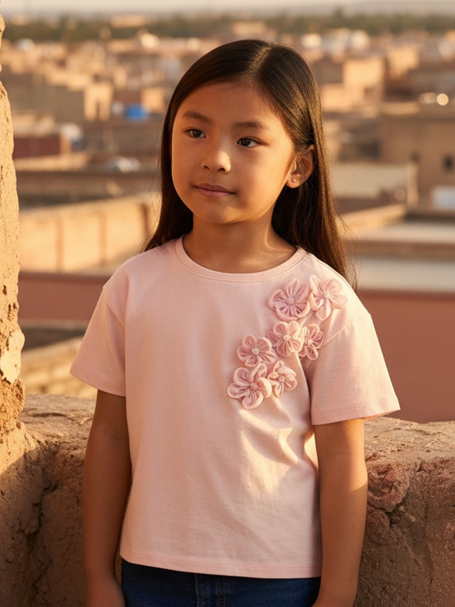 Floral Accent Cotton Corsage T-Shirt