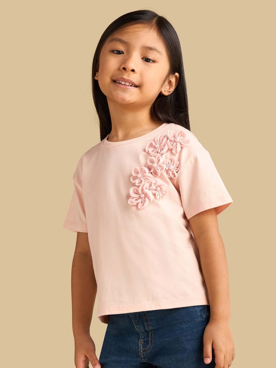 Floral Accent Cotton Corsage T-Shirt