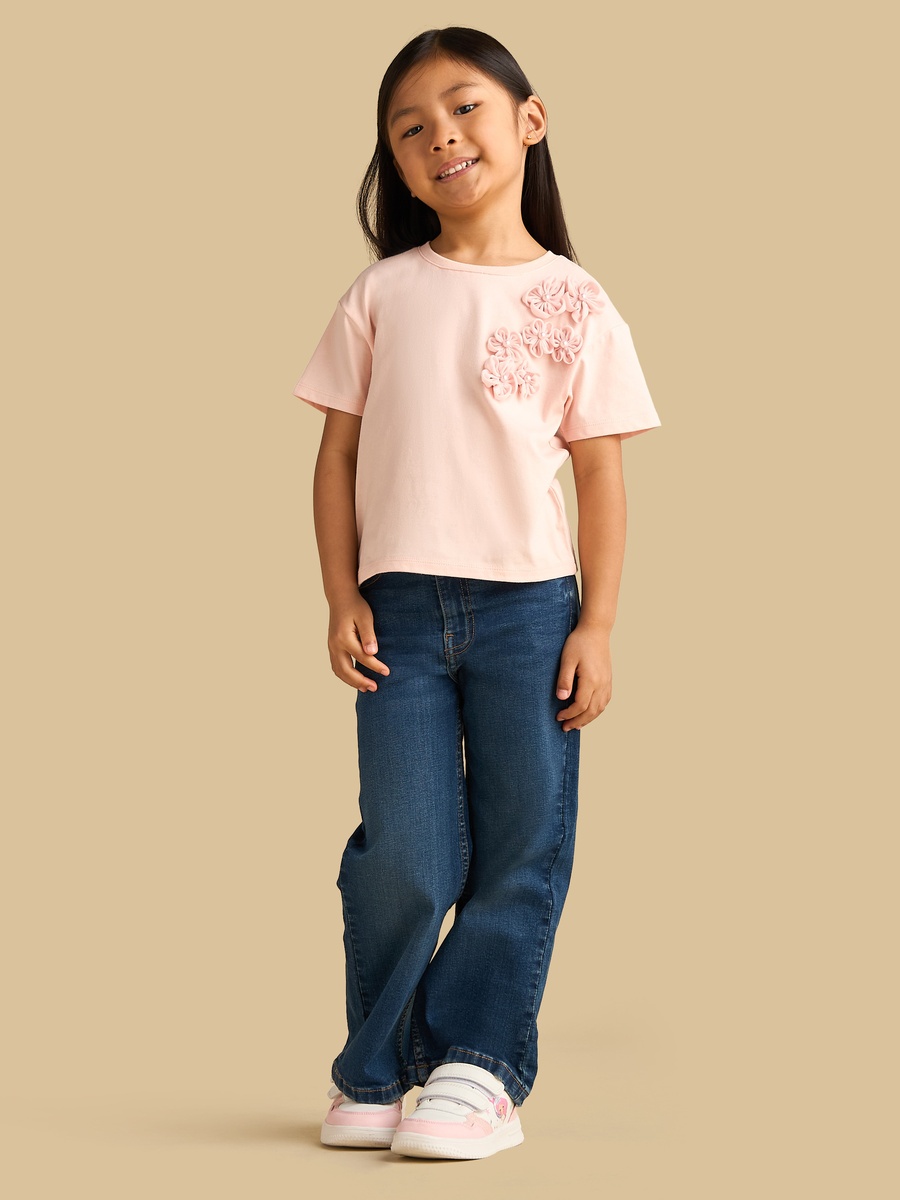 Floral Accent Cotton Corsage T-Shirt