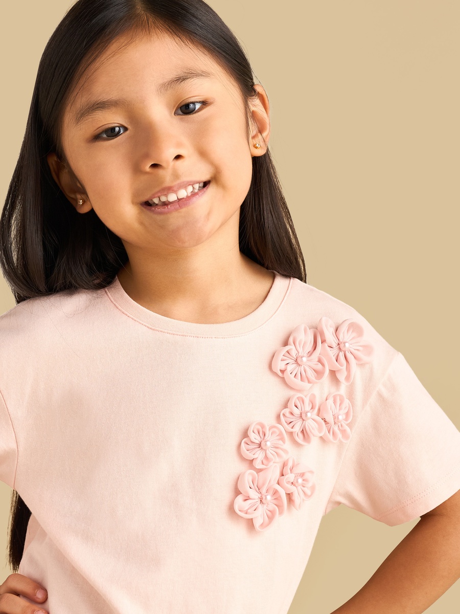 Floral Accent Cotton Corsage T-Shirt