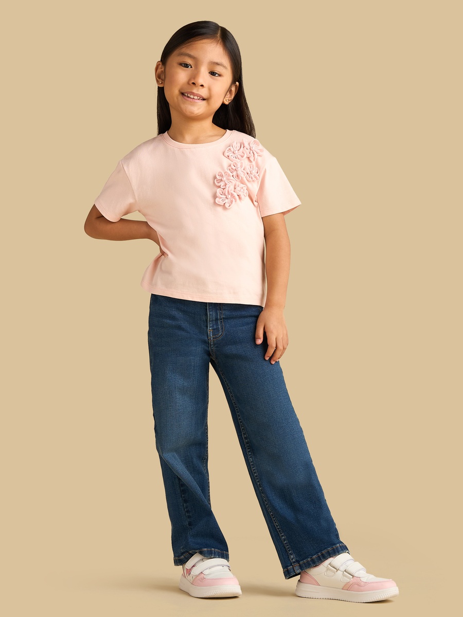 Floral Accent Cotton Corsage T-Shirt