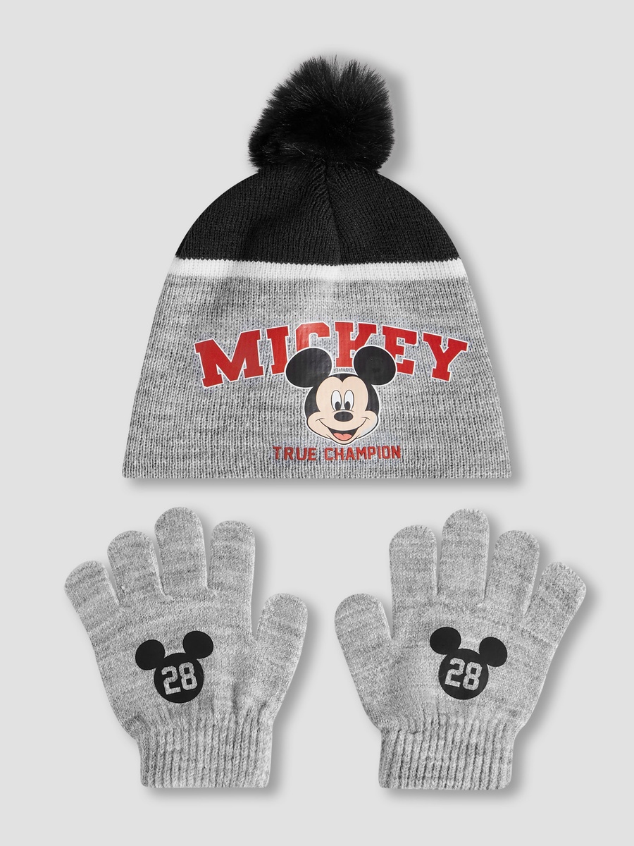 Cotton Winter Gloves and Beanie with Mickey Mouse Print