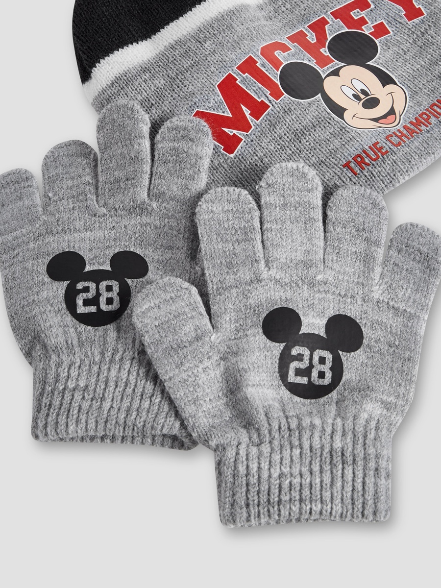 Cotton Winter Gloves and Beanie with Mickey Mouse Print