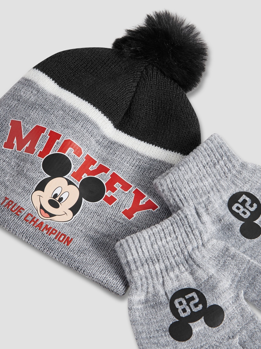 Cotton Winter Gloves and Beanie with Mickey Mouse Print