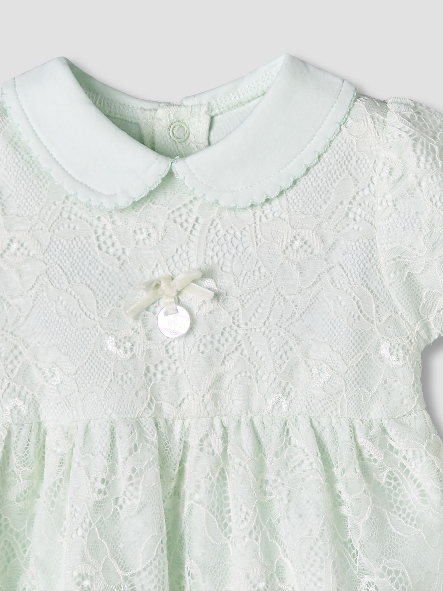 Peter Pan Collar Short Sleeves A-Line Dress with Lace Detail