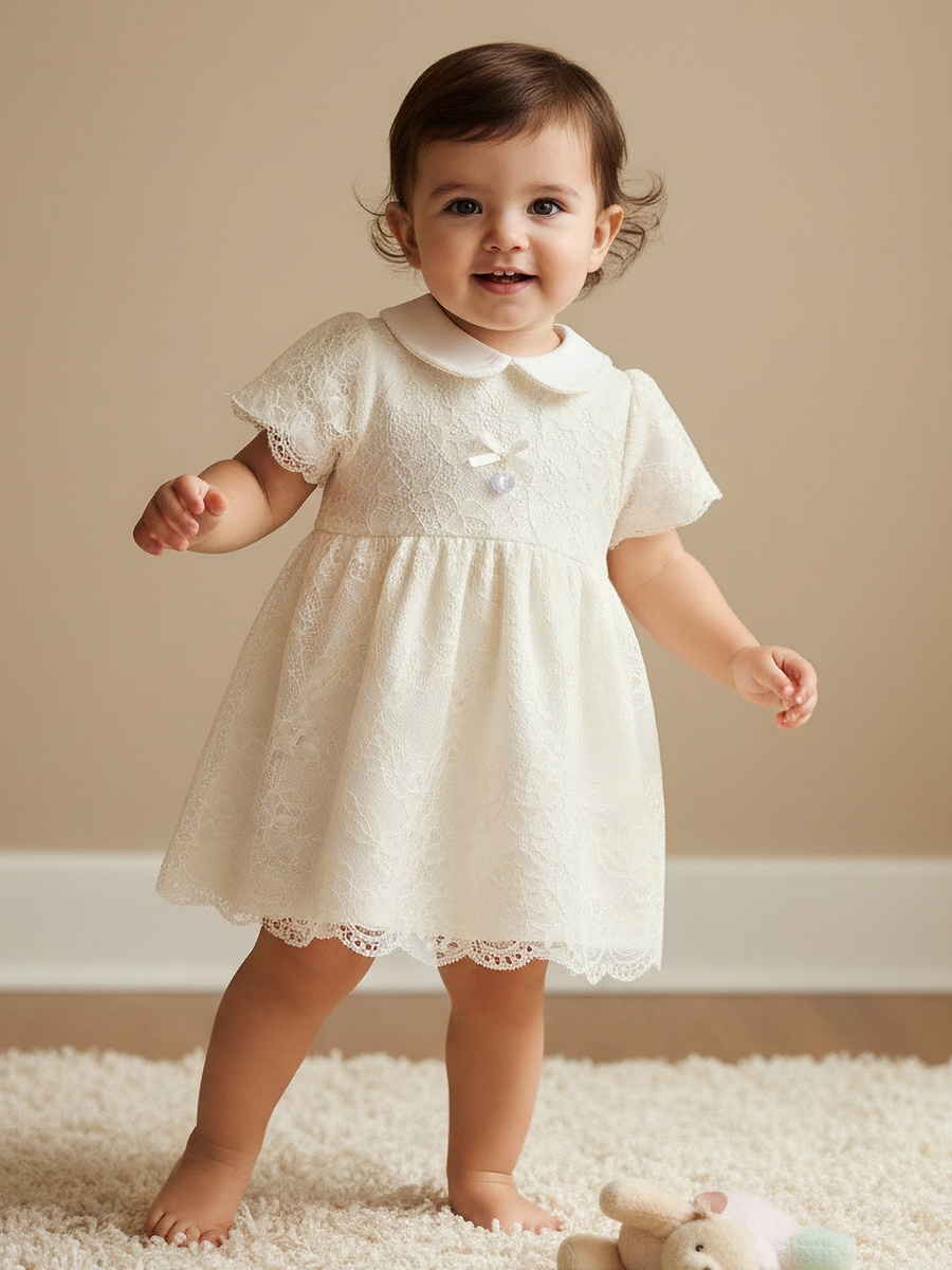 Peter Pan Collar Short Sleeves A-Line Dress with Lace Detail