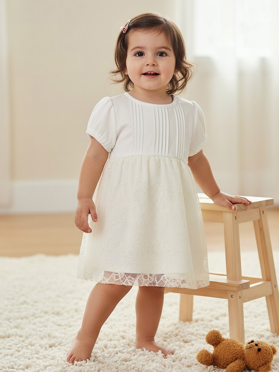 Round Neck Short Sleeves A-Line Dress with Lace Detail