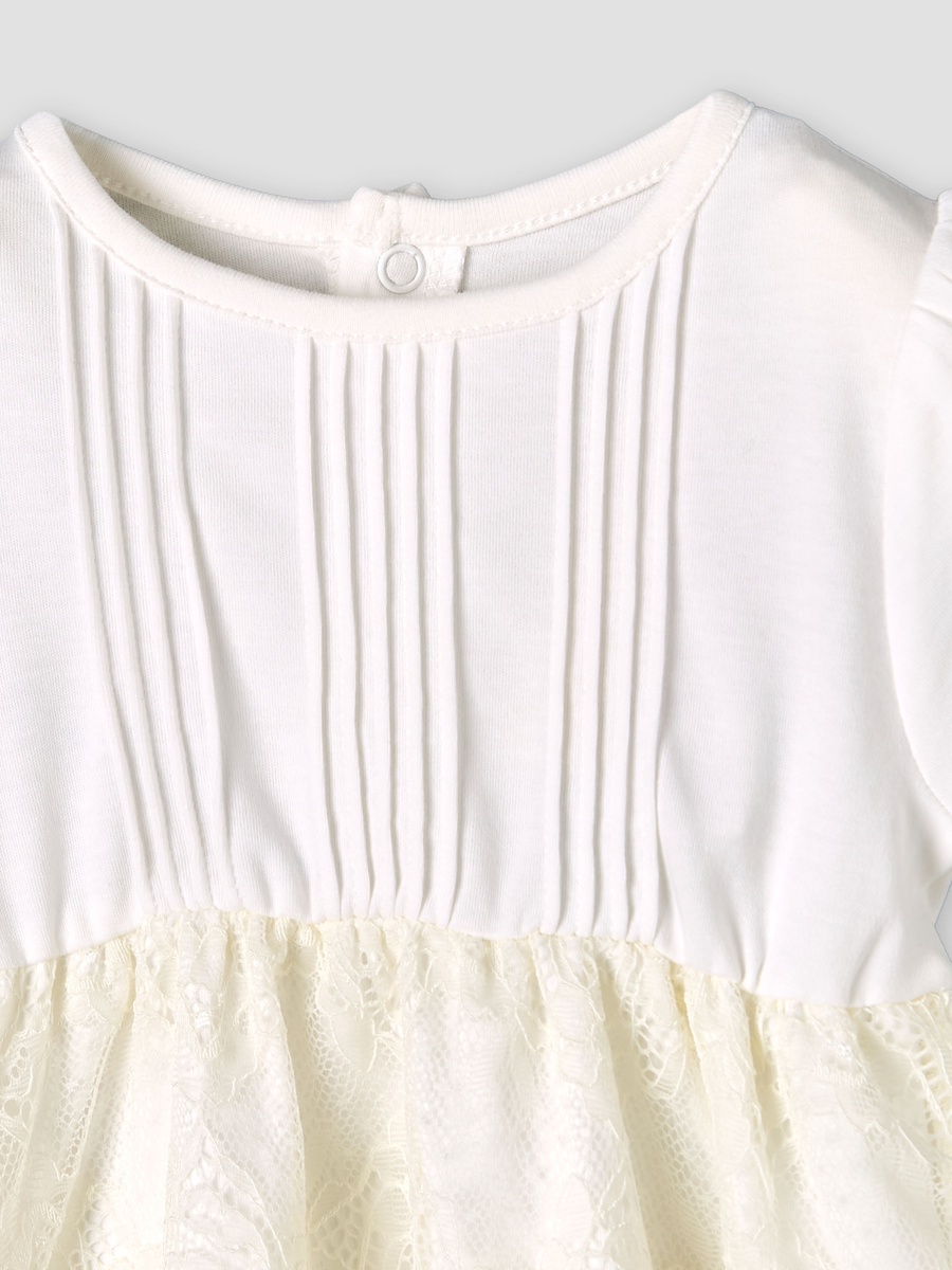 Round Neck Short Sleeves A-Line Dress with Lace Detail