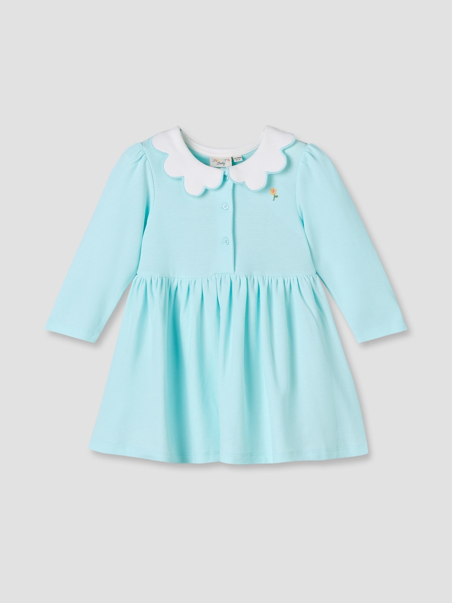 Scallop Neck Long Sleeves A-Line Dress with Floral Embroidery