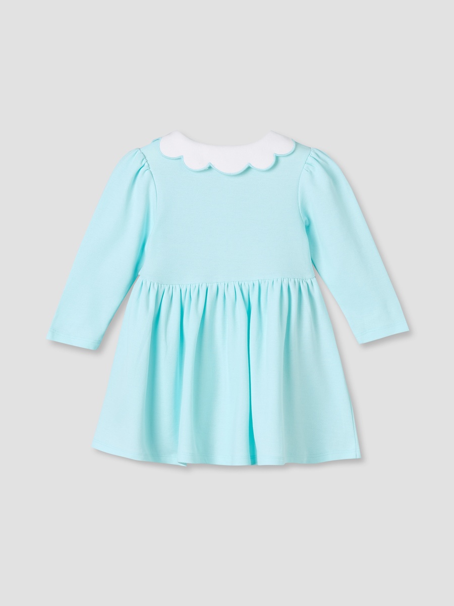 Scallop Neck Long Sleeves A-Line Dress with Floral Embroidery